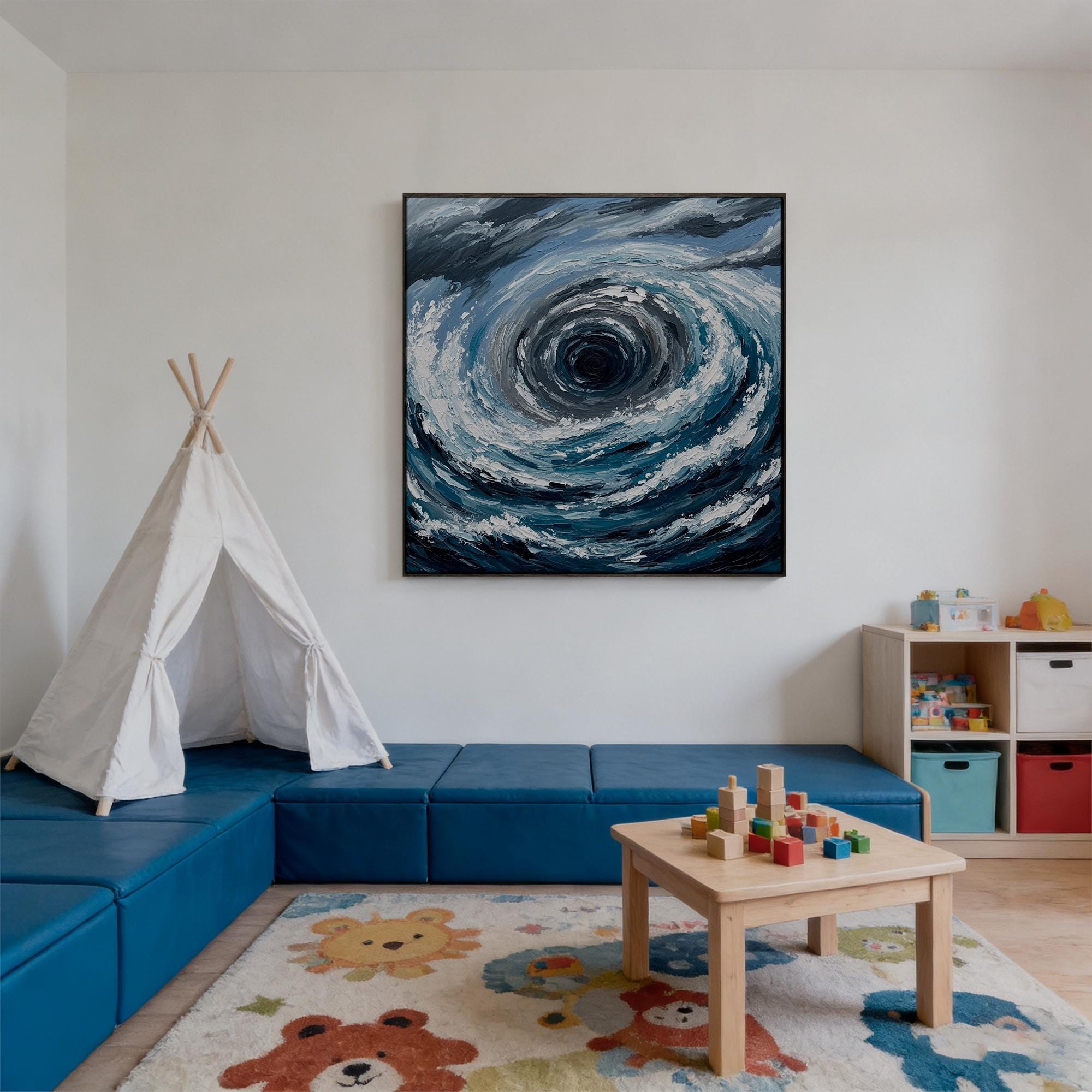 Blue abstract ocean vortex mural - View 3