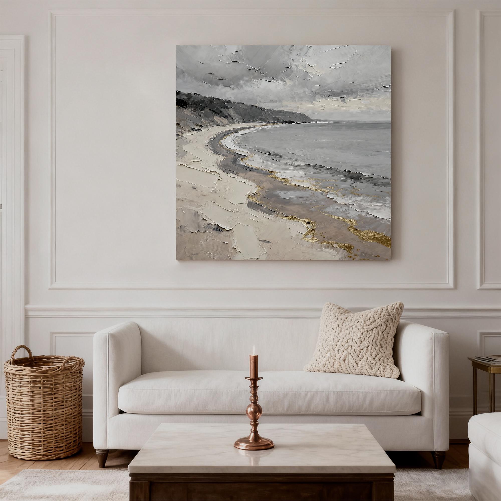 Richly textured grey coast oil painting - View 3