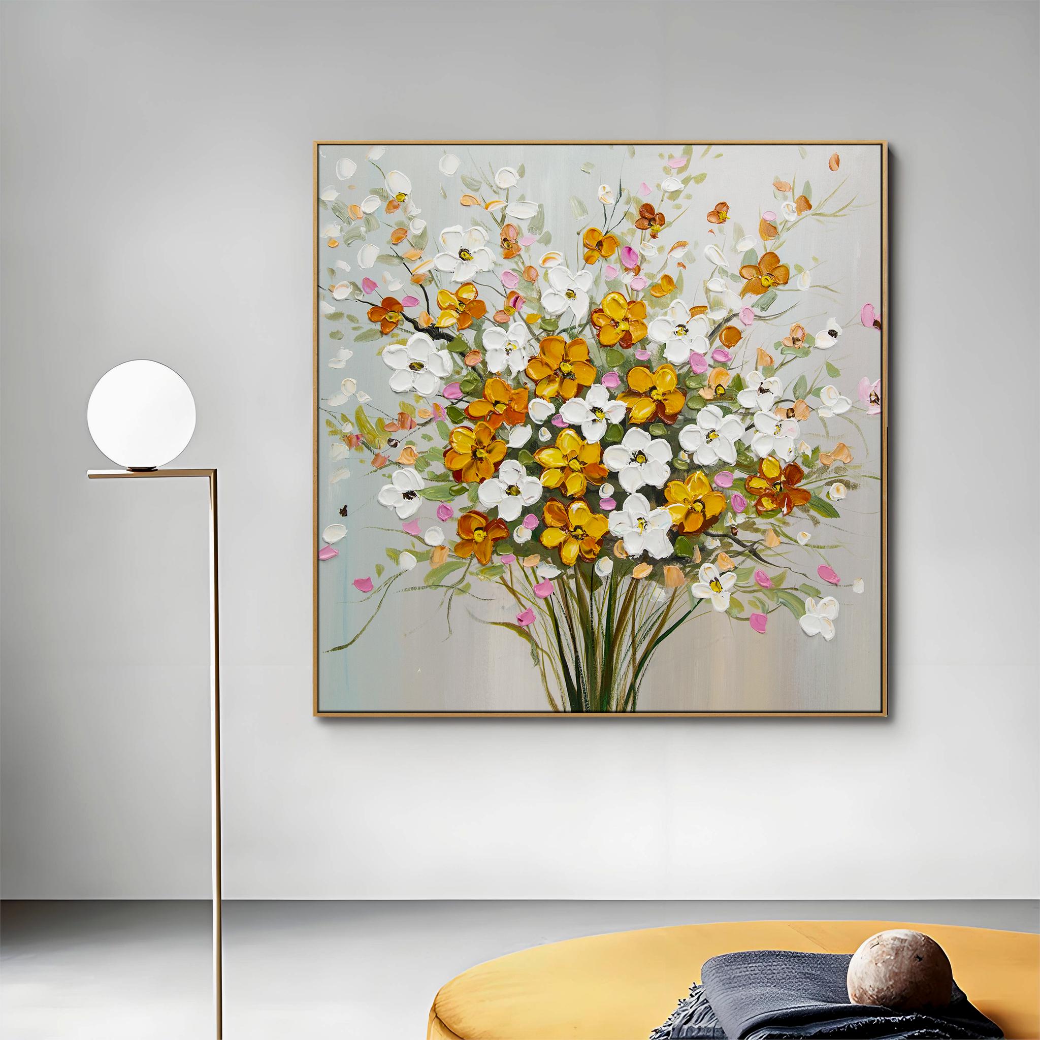 Delicate bouquets, vases, and oil paintings