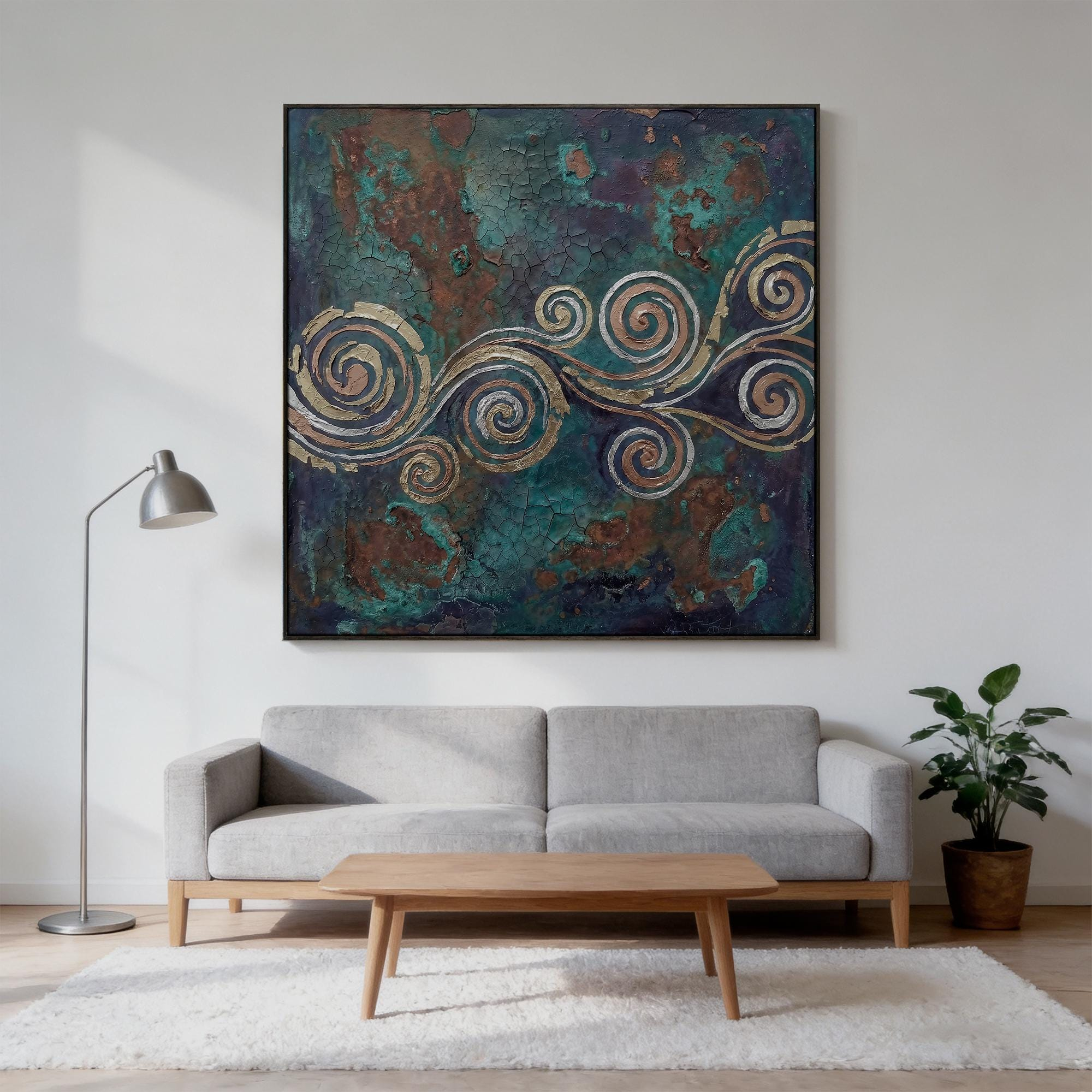 Bronze-colored textured spiral oil painting