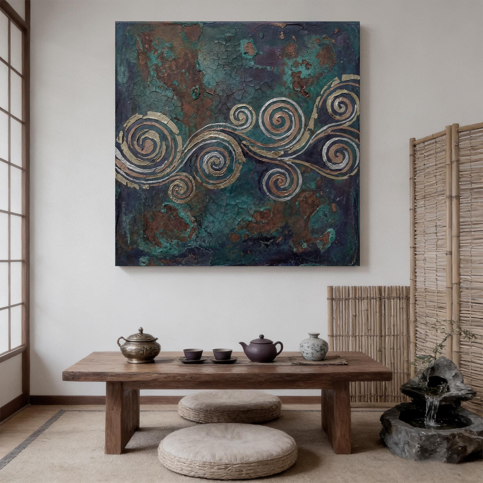 Bronze-colored textured spiral oil painting - View 3