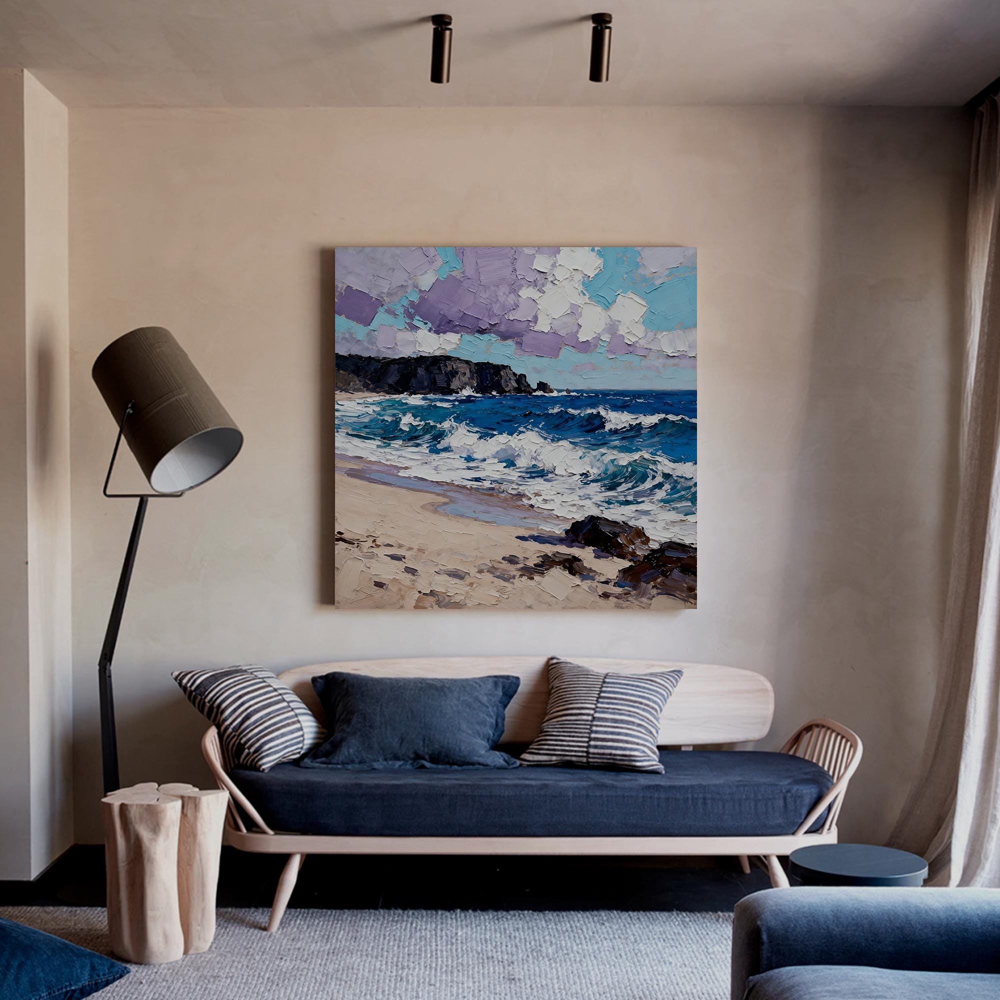 Textured blue beach seascape oil painting - View 3