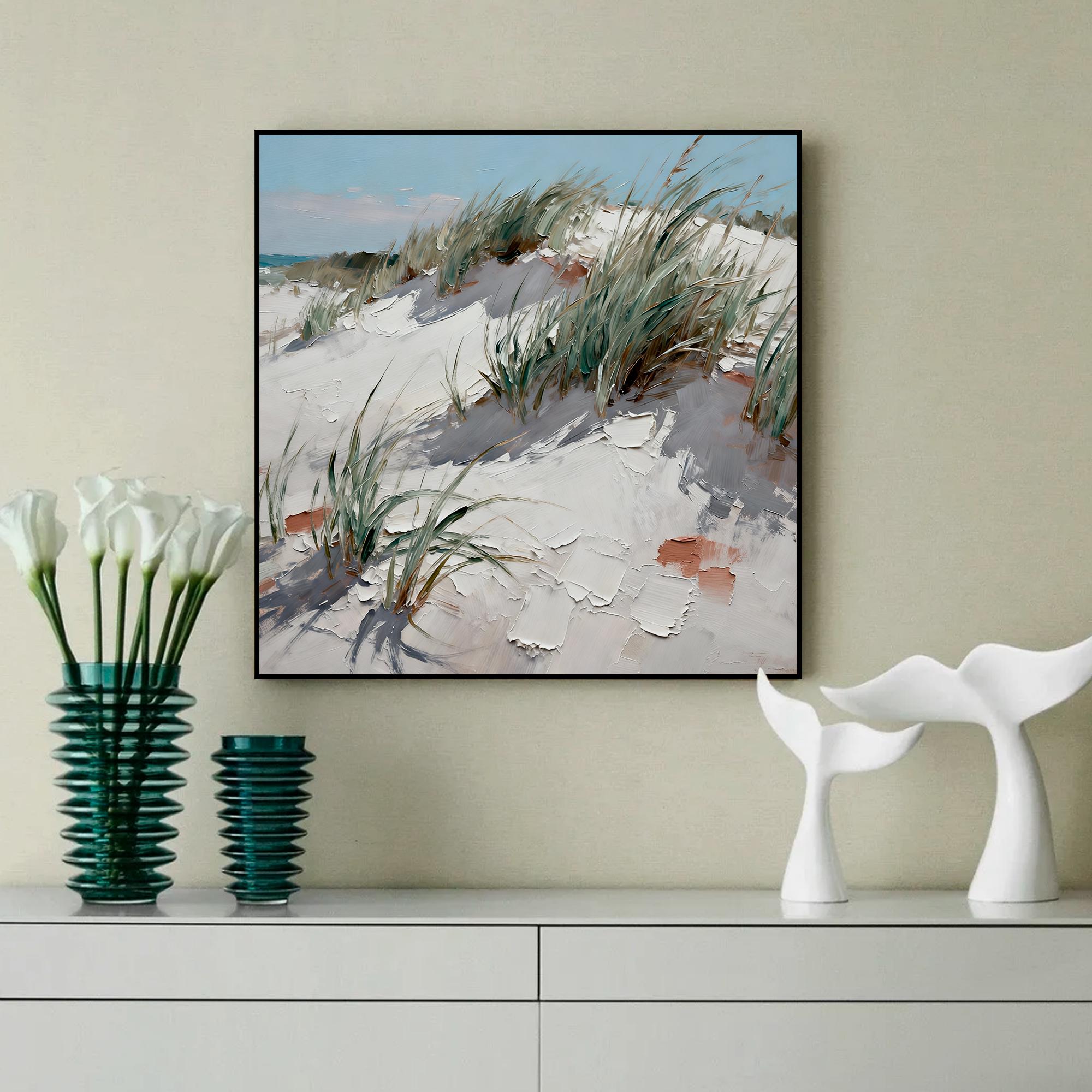Soft sandy beach and grass seascape oil painting
