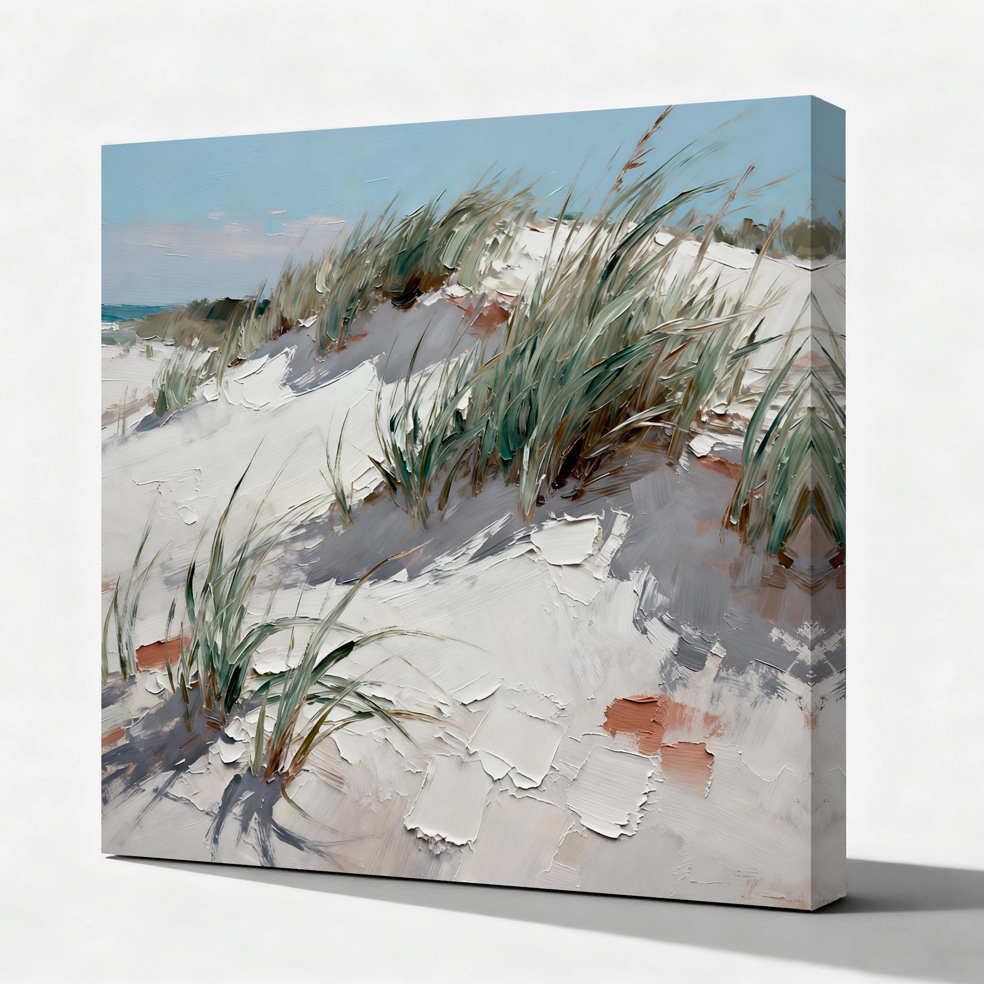 Soft sandy beach and grass seascape oil painting - View 2
